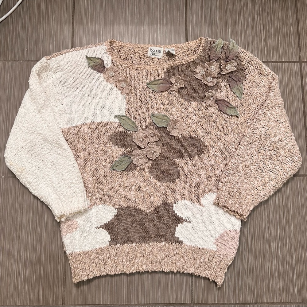 Vintage Chunky Sweater color block 3D applique cotton blend small